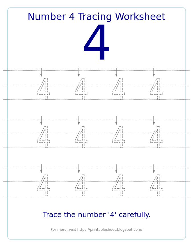 Free Printable Number 4 Tracing Worksheet for Preschool and Kindergarten
