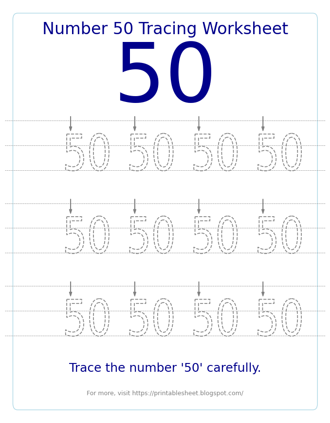 Free Printable Number 50 Tracing Worksheet for Preschool and Kindergarten