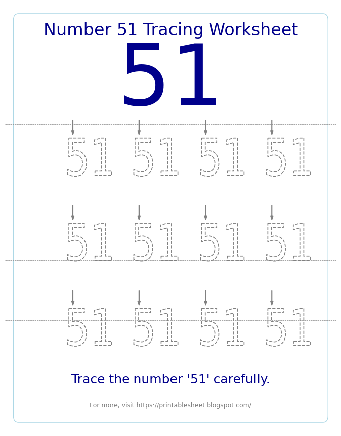 Free Printable Number 51 Tracing Worksheet for Preschool and Kindergarten