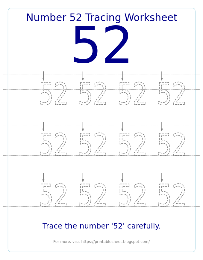 Free Printable Number 52 Tracing Worksheet for Preschool and Kindergarten