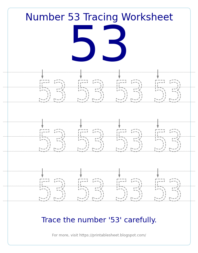 Free Printable Number 53 Tracing Worksheet for Preschool and Kindergarten