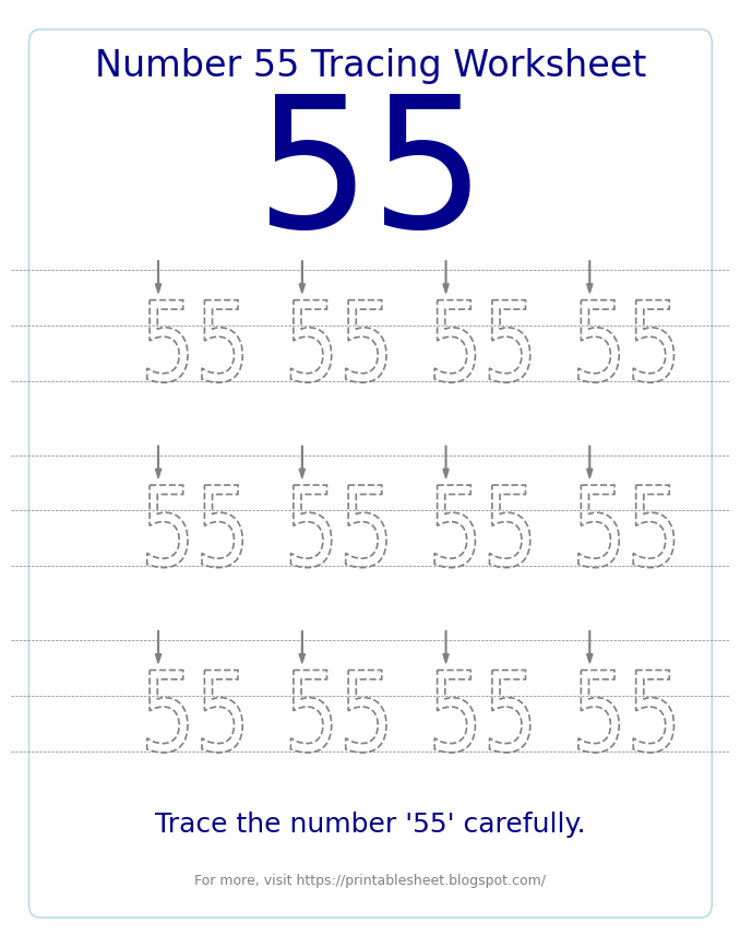 Free Printable Number 55 Tracing Worksheet for Preschool and Kindergarten