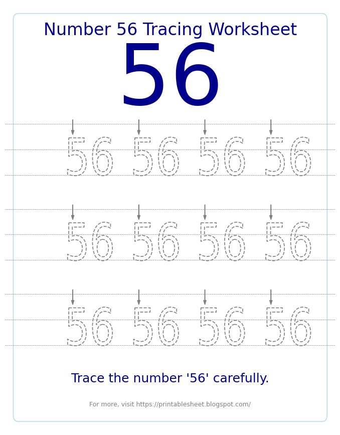 Free Printable Number 56 Tracing Worksheet for Preschool and Kindergarten