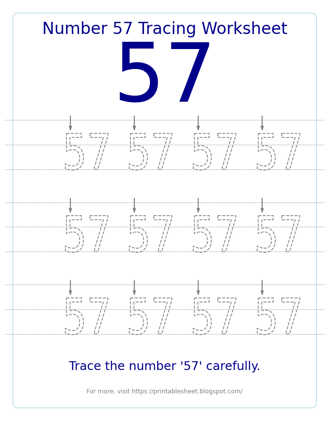 Free Printable Number 57 Tracing Worksheet for Preschool and Kindergarten