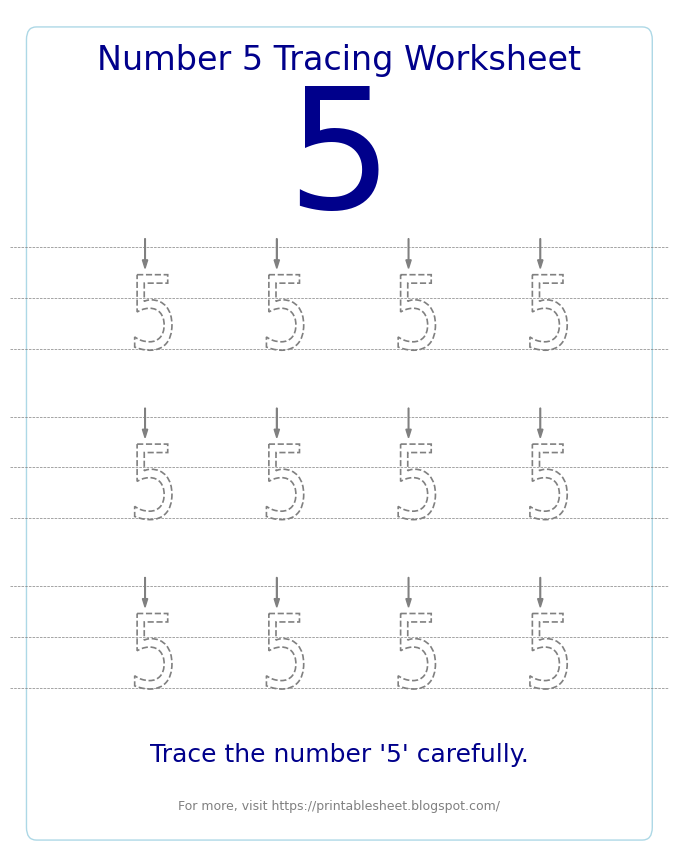 Free Printable Number 5 Tracing Worksheet for Preschool and Kindergarten