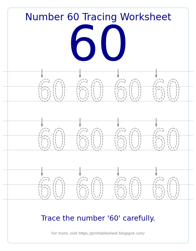 Free Printable Number 60 Tracing Worksheet for Preschool and Kindergarten