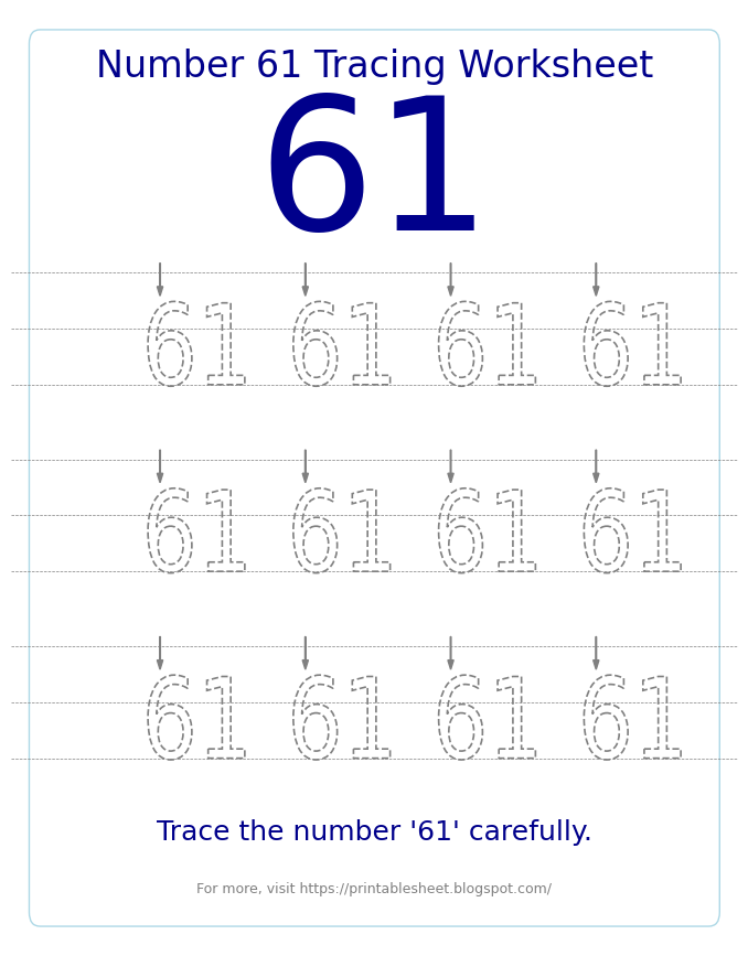 Free Printable Number 61 Tracing Worksheet for Preschool and Kindergarten