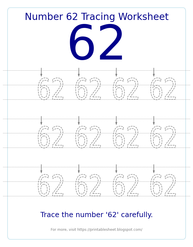 Free Printable Number 62 Tracing Worksheet for Preschool and Kindergarten