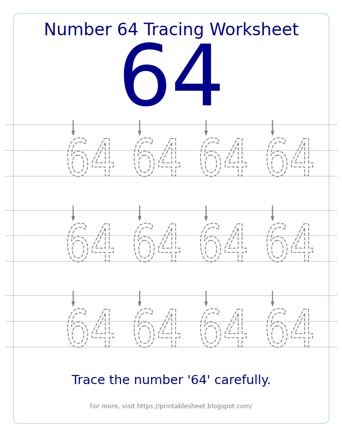 Free Printable Number 64 Tracing Worksheet for Preschool and Kindergarten
