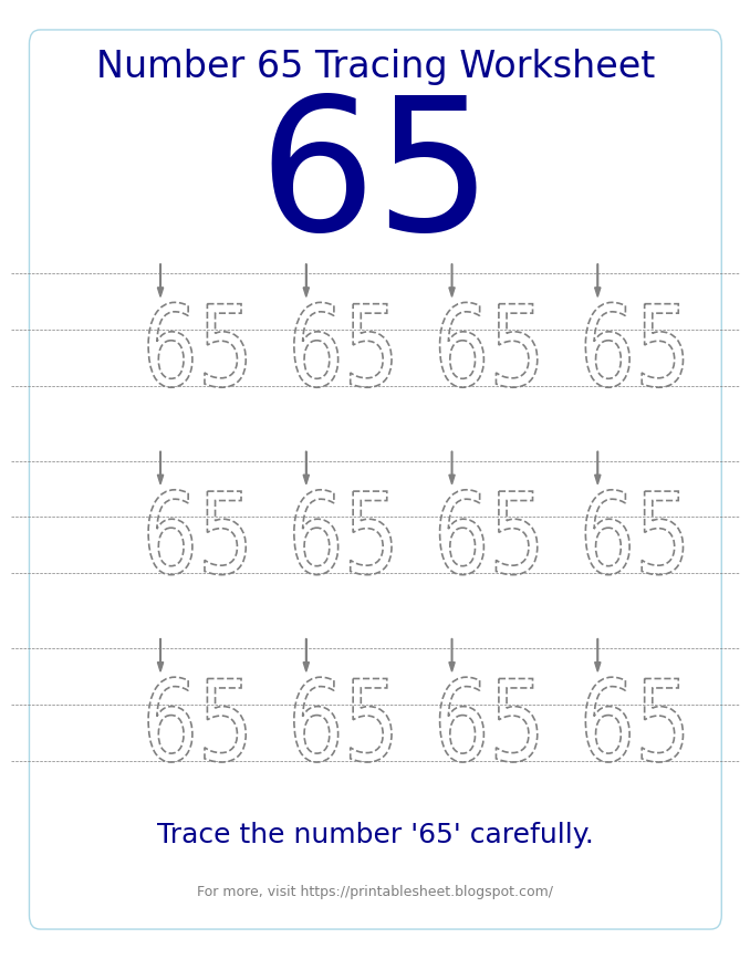 Free Printable Number 65 Tracing Worksheet for Preschool and Kindergarten
