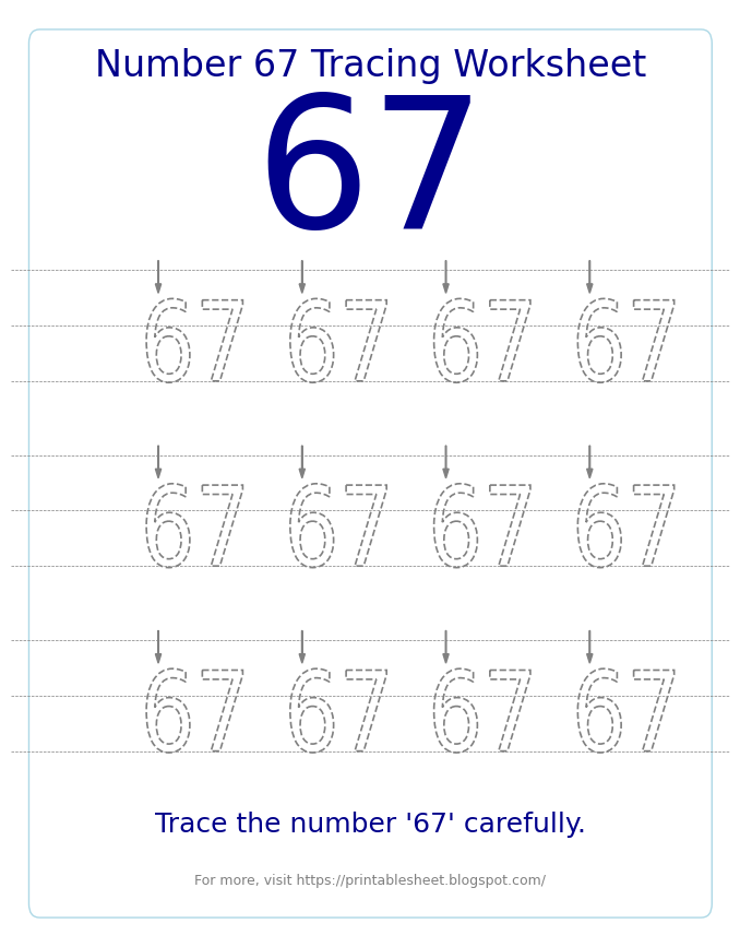 Free Printable Number 67 Tracing Worksheet for Preschool and Kindergarten