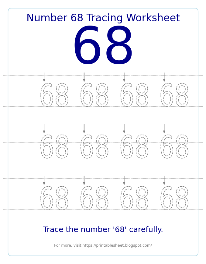 Free Printable Number 68 Tracing Worksheet for Preschool and Kindergarten