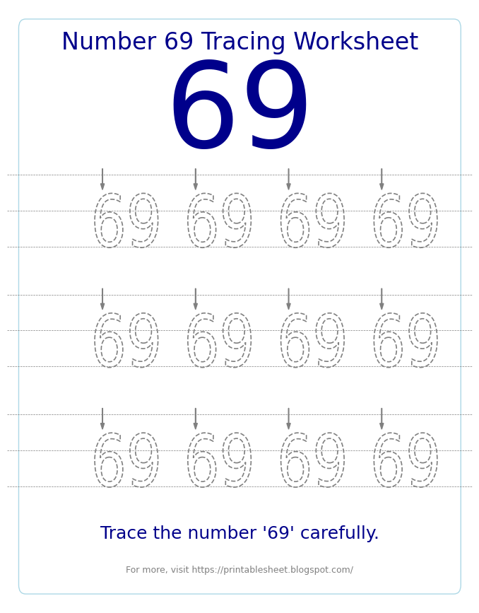 Free Printable Number 69 Tracing Worksheet for Preschool and Kindergarten