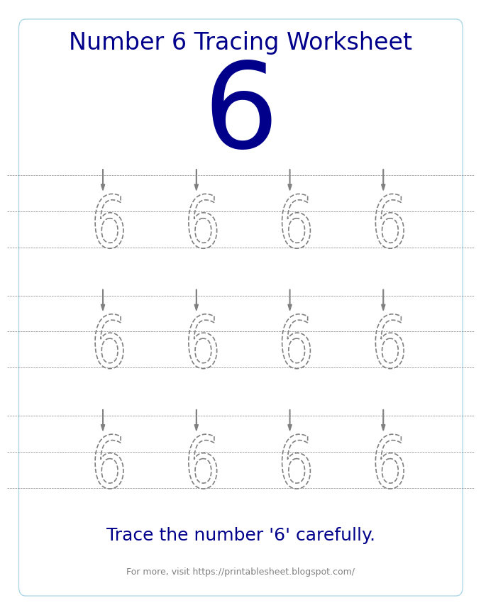 Free Printable Number 6 Tracing Worksheet for Preschool and Kindergarten