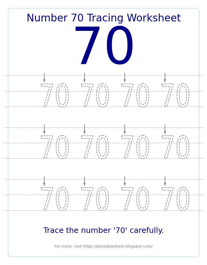 Free Printable Number 70 Tracing Worksheet for Preschool and Kindergarten