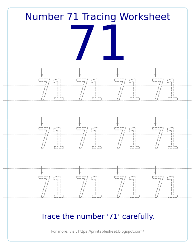 Free Printable Number 71 Tracing Worksheet for Preschool and Kindergarten