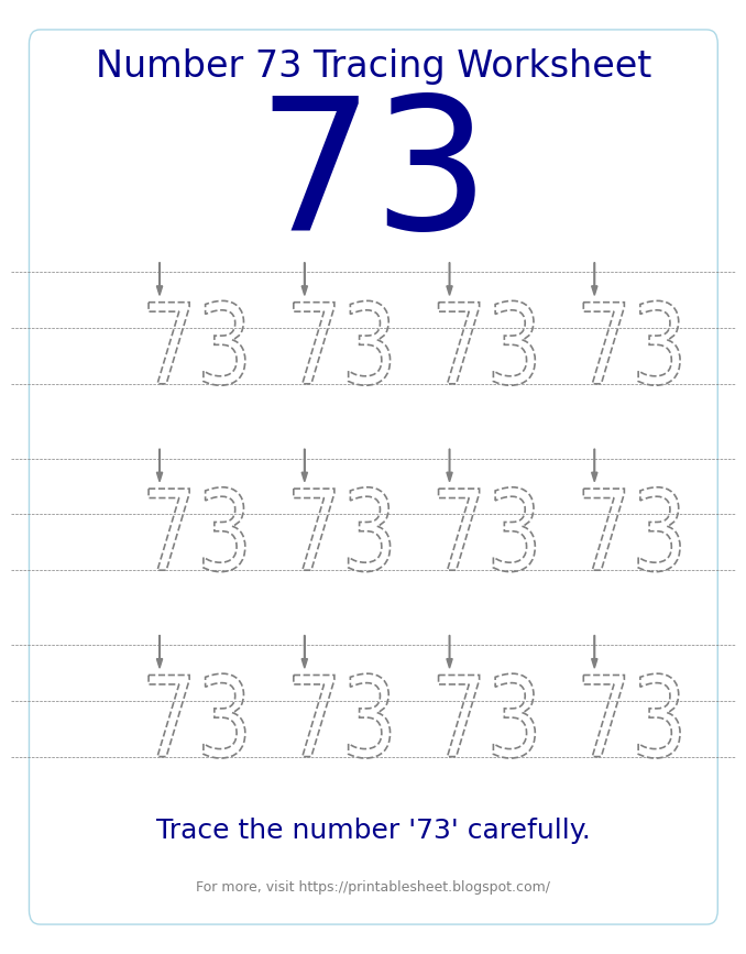 Free Printable Number 73 Tracing Worksheet for Preschool and Kindergarten