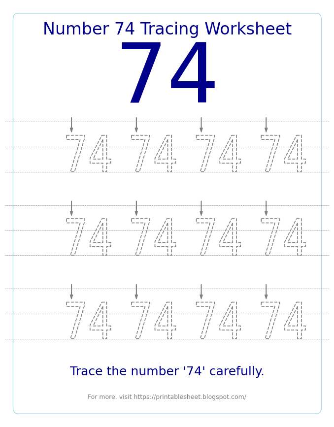 Free Printable Number 74 Tracing Worksheet for Preschool and Kindergarten