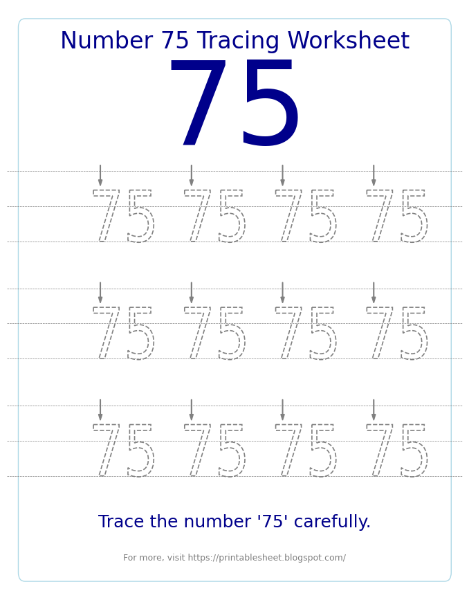 Free Printable Number 75 Tracing Worksheet for Preschool and Kindergarten
