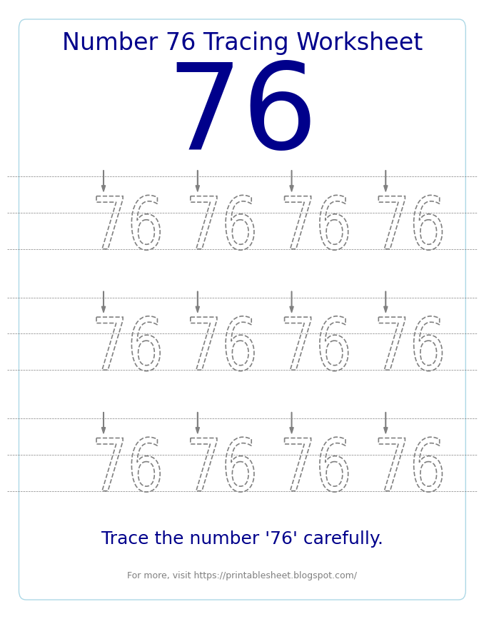 Free Printable Number 76 Tracing Worksheet for Preschool and Kindergarten