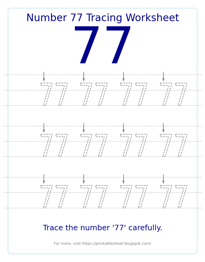 Free Printable Number 77 Tracing Worksheet for Preschool and Kindergarten