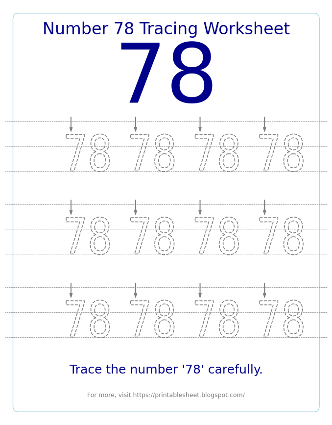 Free Printable Number 78 Tracing Worksheet for Preschool and Kindergarten
