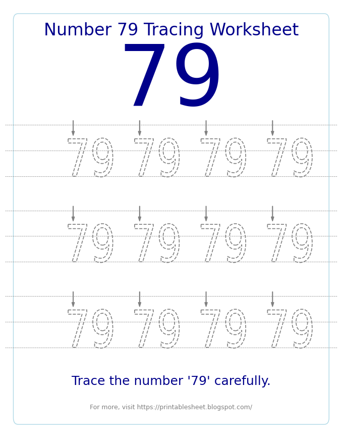 Free Printable Number 79 Tracing Worksheet for Preschool and Kindergarten