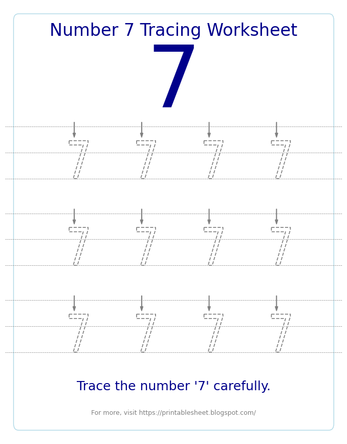 Free Printable Number 7 Tracing Worksheet for Preschool and Kindergarten