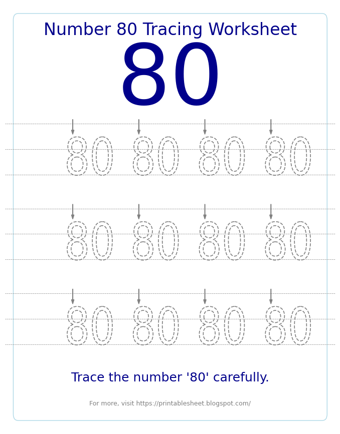 Free Printable Number 80 Tracing Worksheet for Preschool and Kindergarten