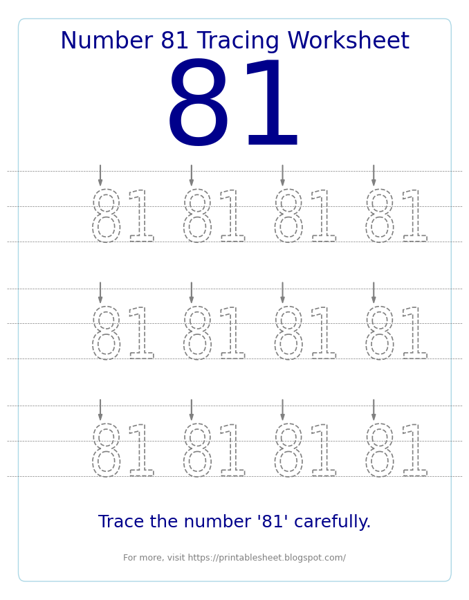 Free Printable Number 81 Tracing Worksheet for Preschool and Kindergarten