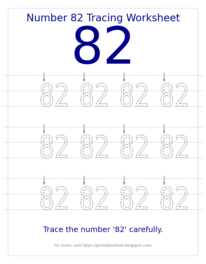 Free Printable Number 82 Tracing Worksheet for Preschool and Kindergarten