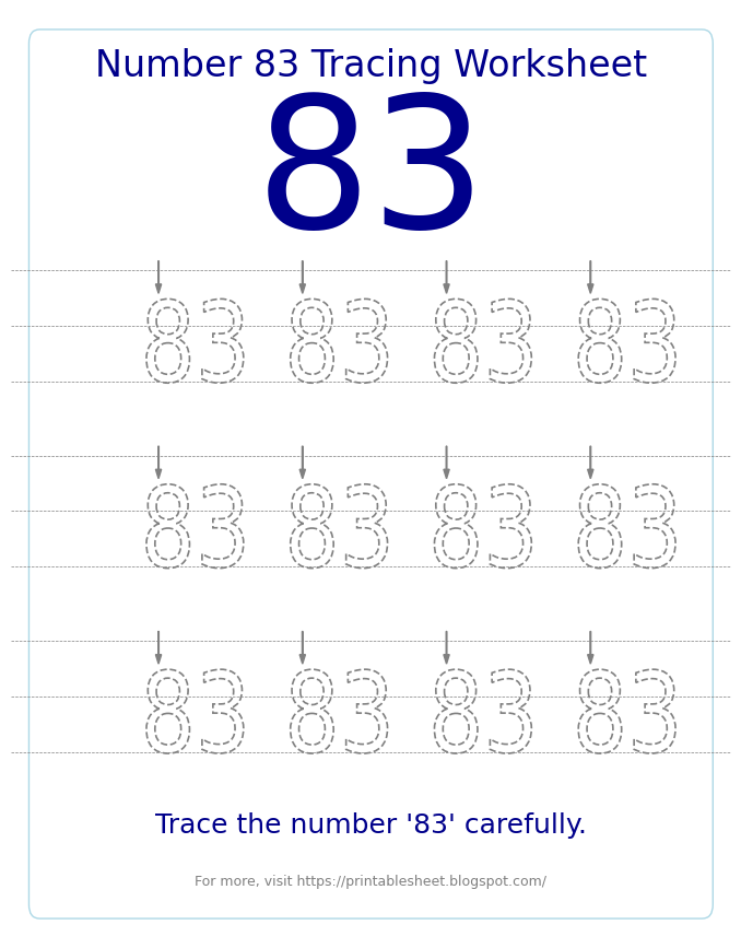 Free Printable Number 83 Tracing Worksheet for Preschool and Kindergarten