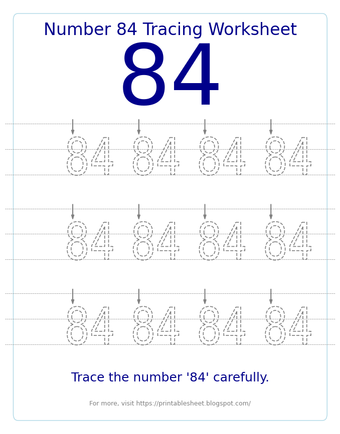 Free Printable Number 84 Tracing Worksheet for Preschool and Kindergarten