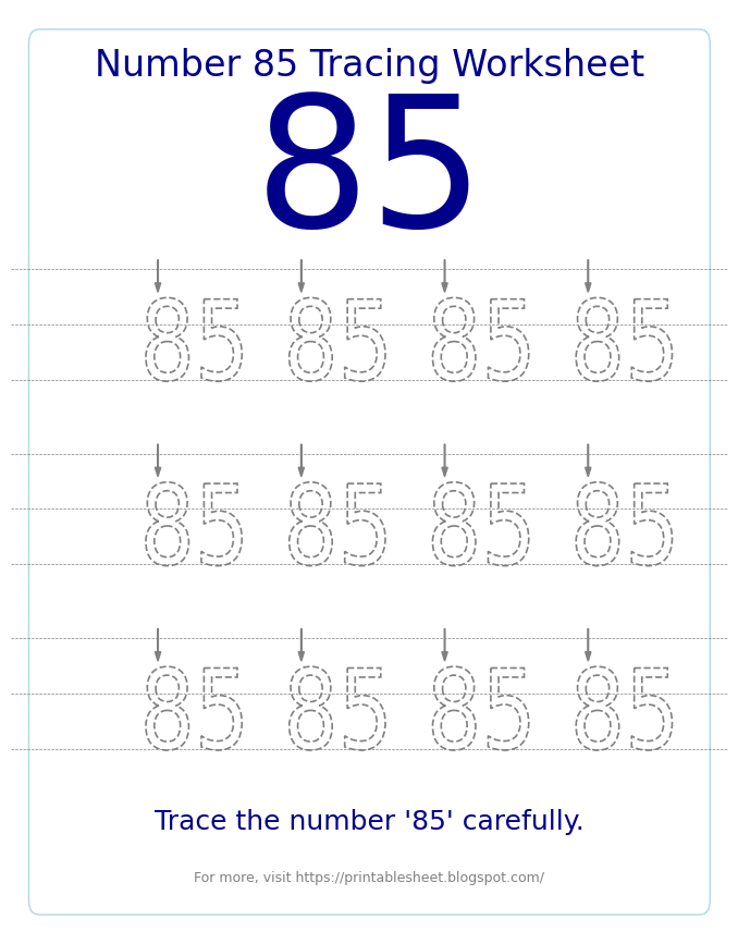 Free Printable Number 85 Tracing Worksheet for Preschool and Kindergarten