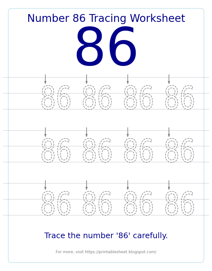 Free Printable Number 86 Tracing Worksheet for Preschool and Kindergarten