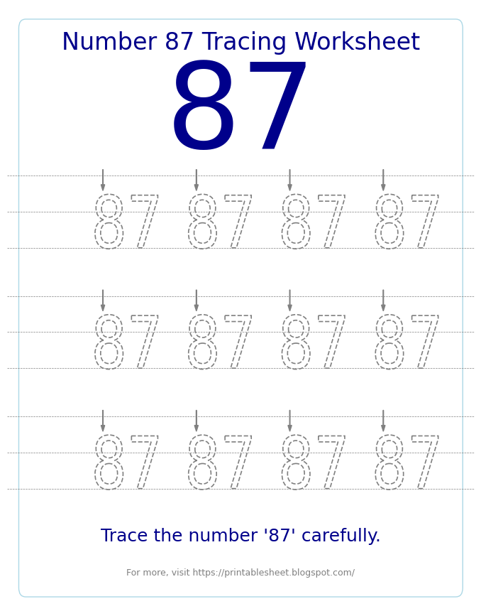 Free Printable Number 87 Tracing Worksheet for Preschool and Kindergarten