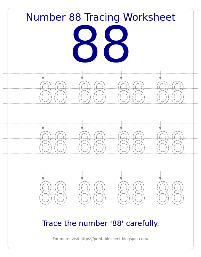 Free Printable Number 88 Tracing Worksheet for Preschool and Kindergarten