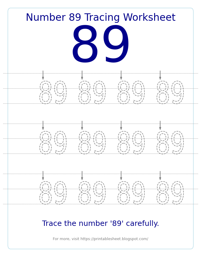 Free Printable Number 89 Tracing Worksheet for Preschool and Kindergarten