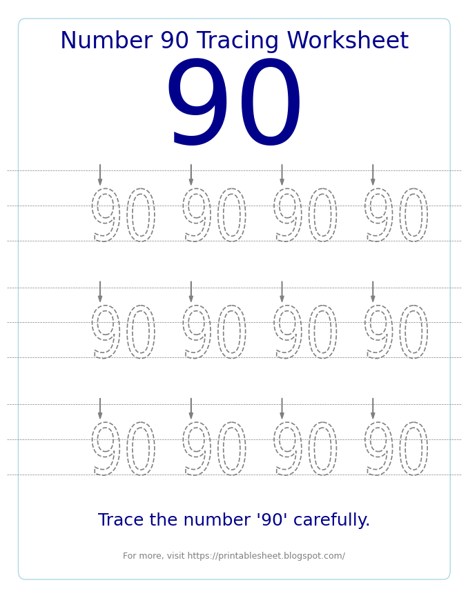 Free Printable Number 90 Tracing Worksheet for Preschool and Kindergarten