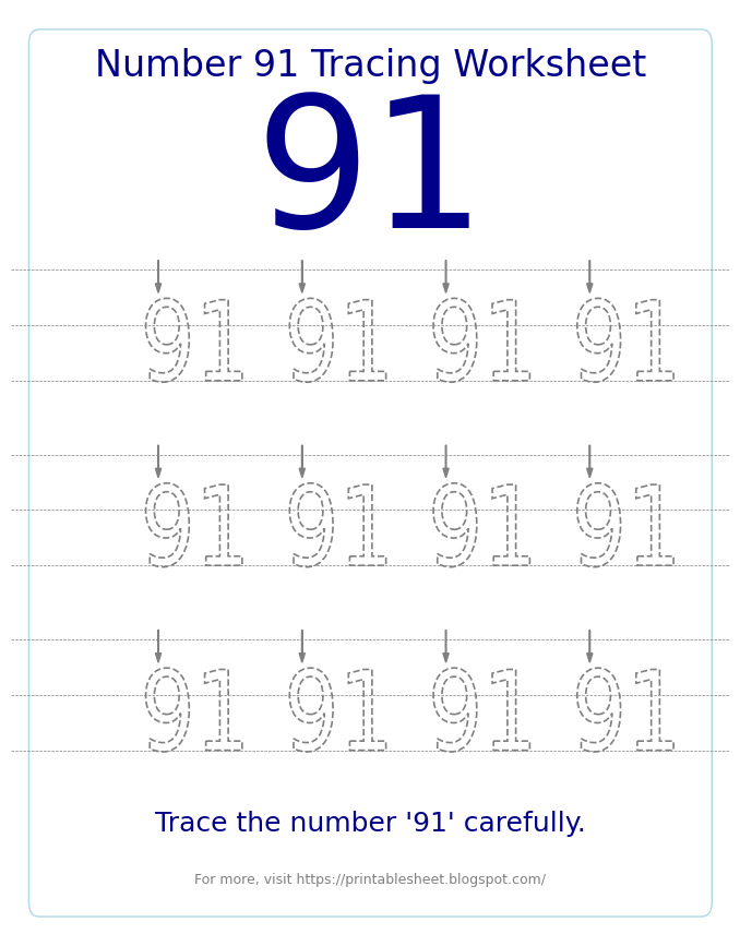 Free Printable Number 91 Tracing Worksheet for Preschool and Kindergarten