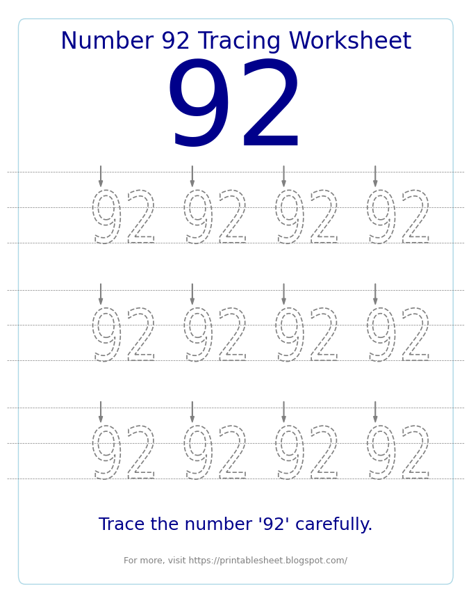 Free Printable Number 92 Tracing Worksheet for Preschool and Kindergarten