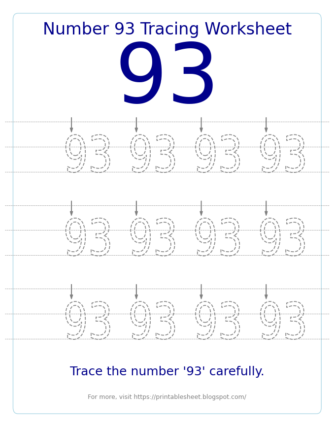 Free Printable Number 93 Tracing Worksheet for Preschool and Kindergarten