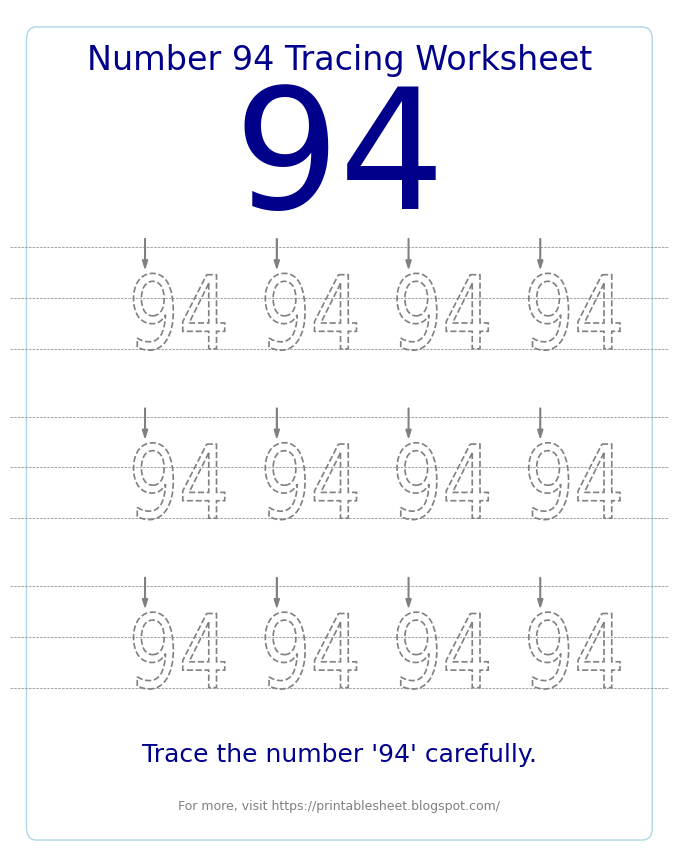 Free Printable Number 94 Tracing Worksheet for Preschool and Kindergarten