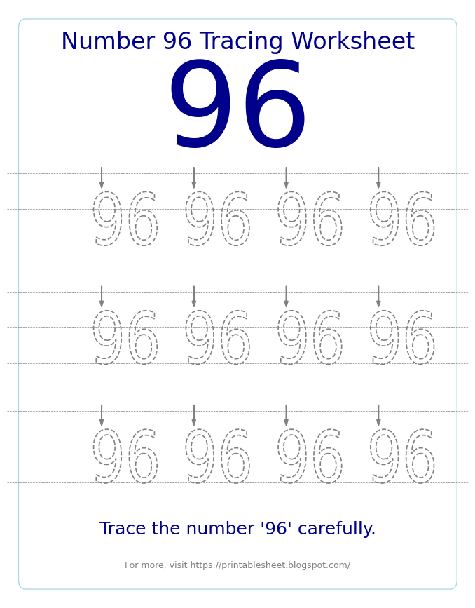 Free Printable Number 96 Tracing Worksheet for Preschool and Kindergarten