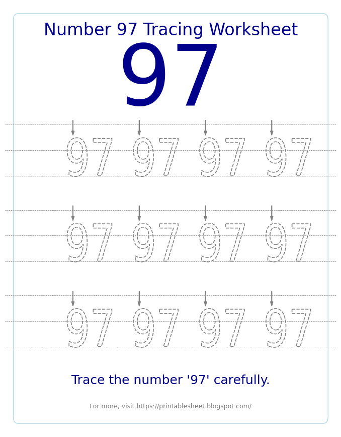 Free Printable Number 97 Tracing Worksheet for Preschool and Kindergarten