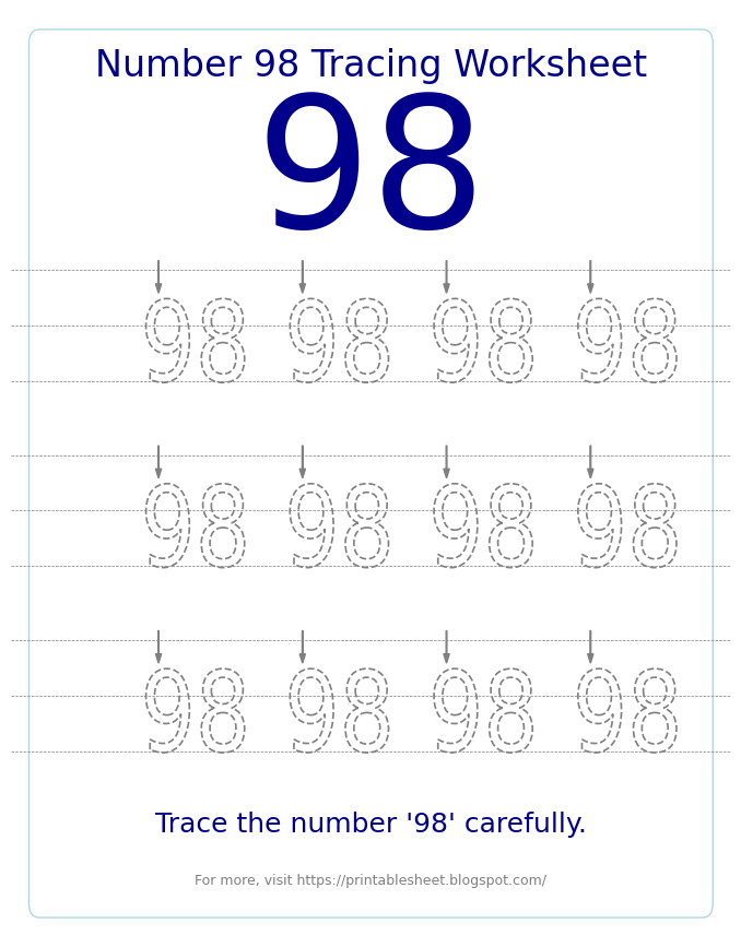 Free Printable Number 98 Tracing Worksheet for Preschool and Kindergarten