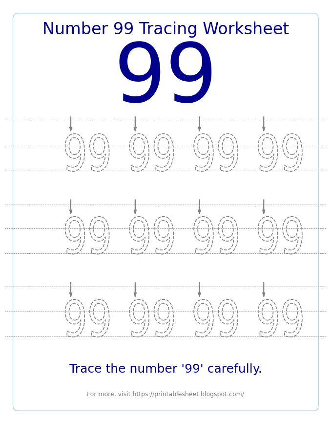 Free Printable Number 99 Tracing Worksheet for Preschool and Kindergarten