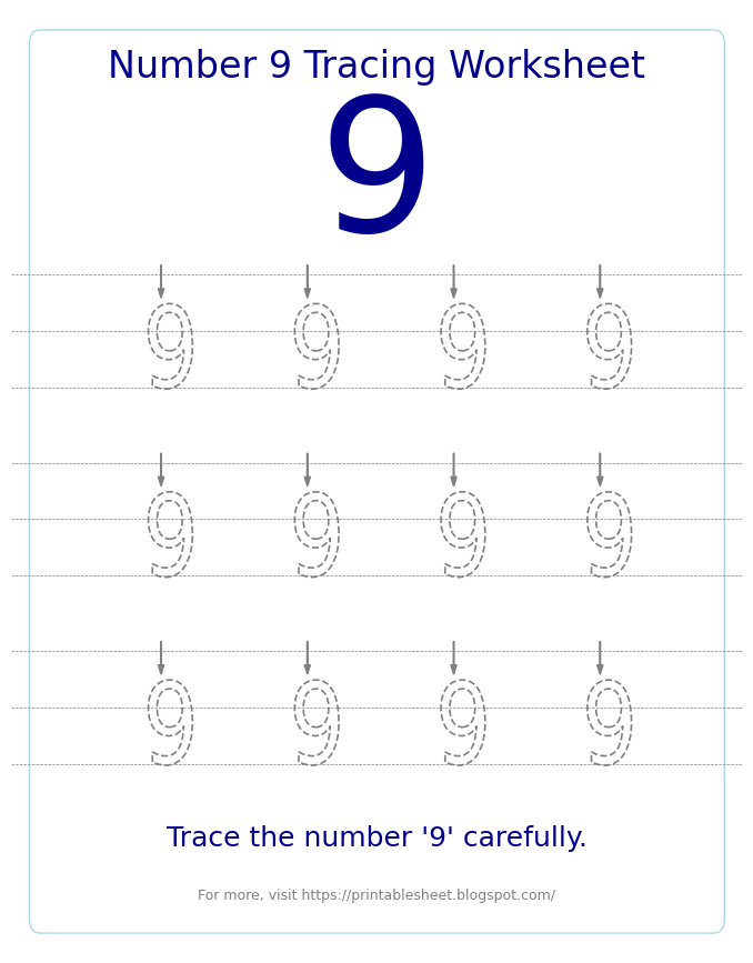 Free Printable Number 9 Tracing Worksheet for Preschool and Kindergarten
