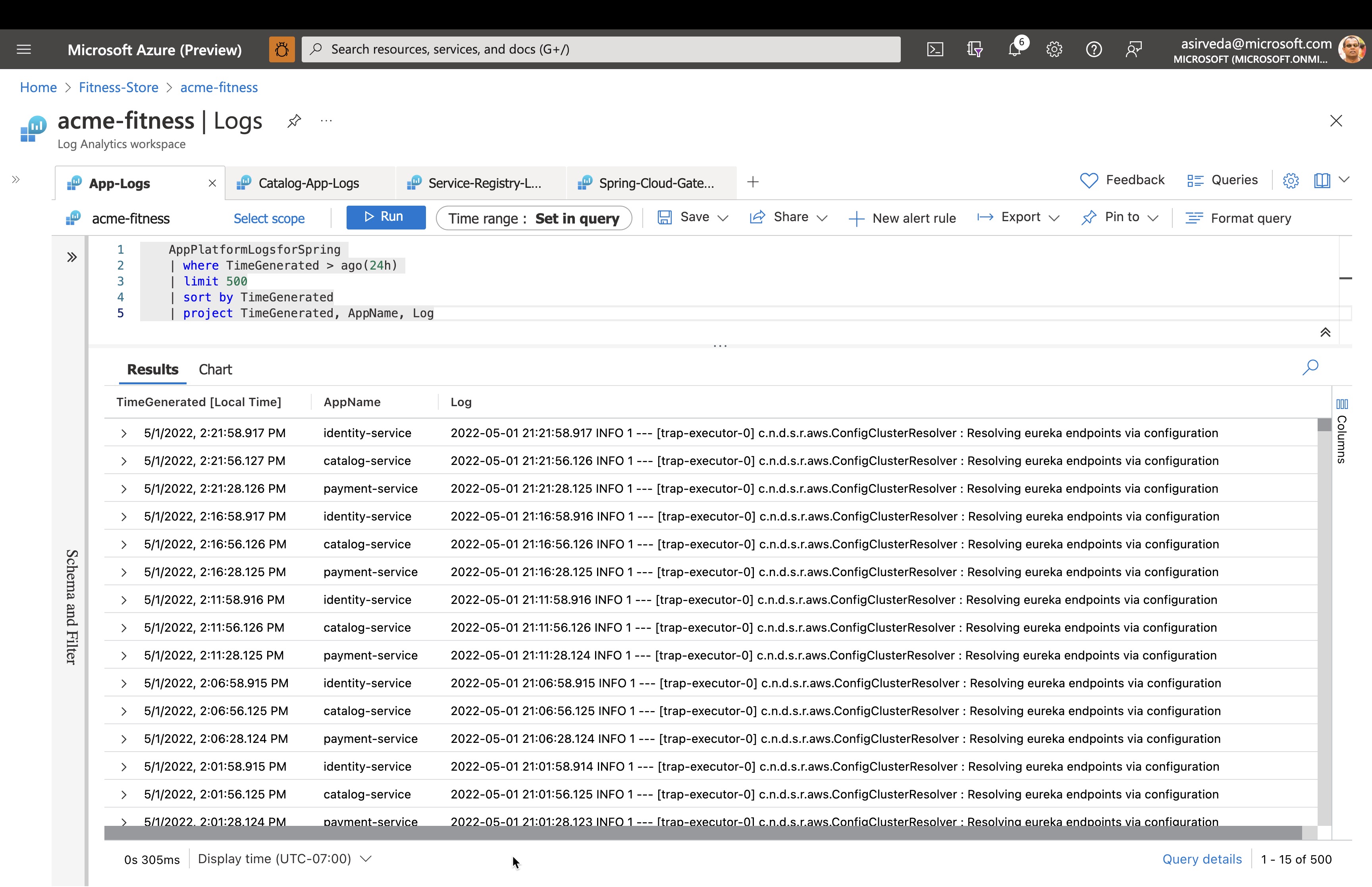 Example output from all application logs query