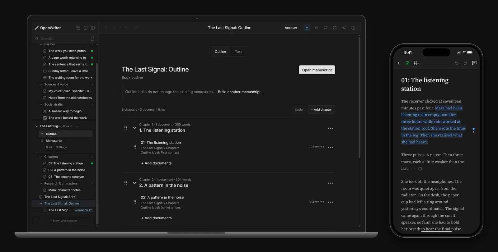 A book outline with linked chapters and word counts